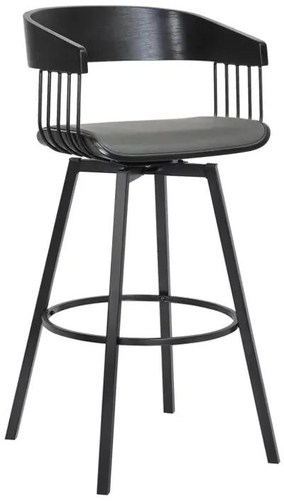 Athena Swivel Black Wood Counter Stool in Grey Faux Leather with Black Metal