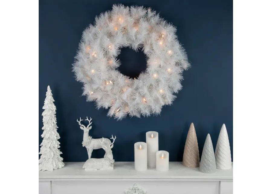 Pre-Lit White Alaskan Pine Artificial Christmas Wreath  24-Inch  Warm White LED Lights