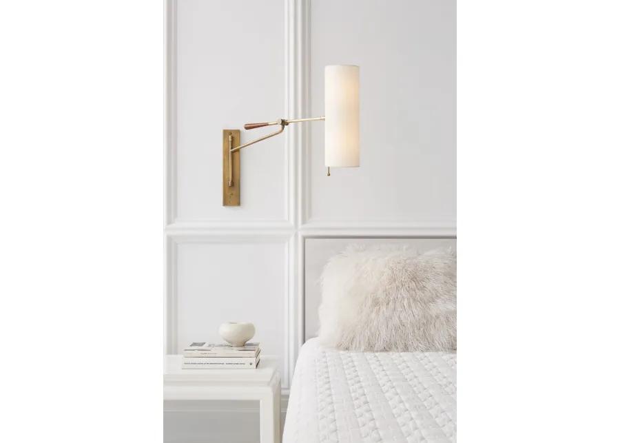 Frankfort Articulating Wall Light in Hand-Rubbed Antique Brass and Mahogany Accents with Linen Shade