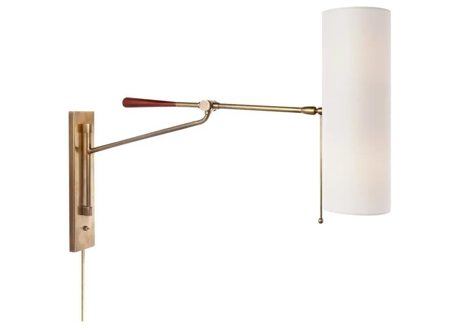 Frankfort Articulating Wall Light in Hand-Rubbed Antique Brass and Mahogany Accents with Linen Shade