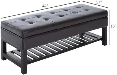 Multifunctional Dark Seat: 44" Tufted Faux Leather Ottoman with Shoe Storage