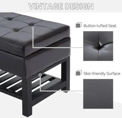 Multifunctional Dark Seat: 44" Tufted Faux Leather Ottoman with Shoe Storage