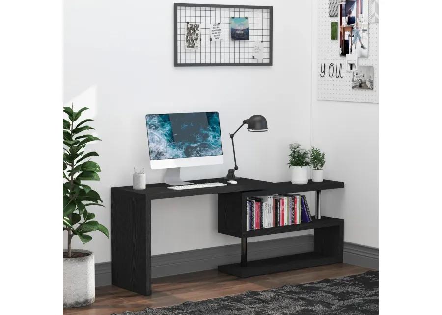 Black Home Office Hub: 360° Rotating L-Shaped Desk with Storage Shelves