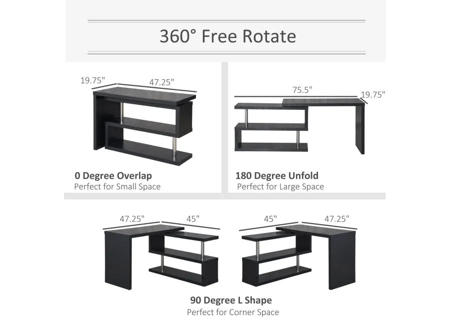 Black Home Office Hub: 360° Rotating L-Shaped Desk with Storage Shelves