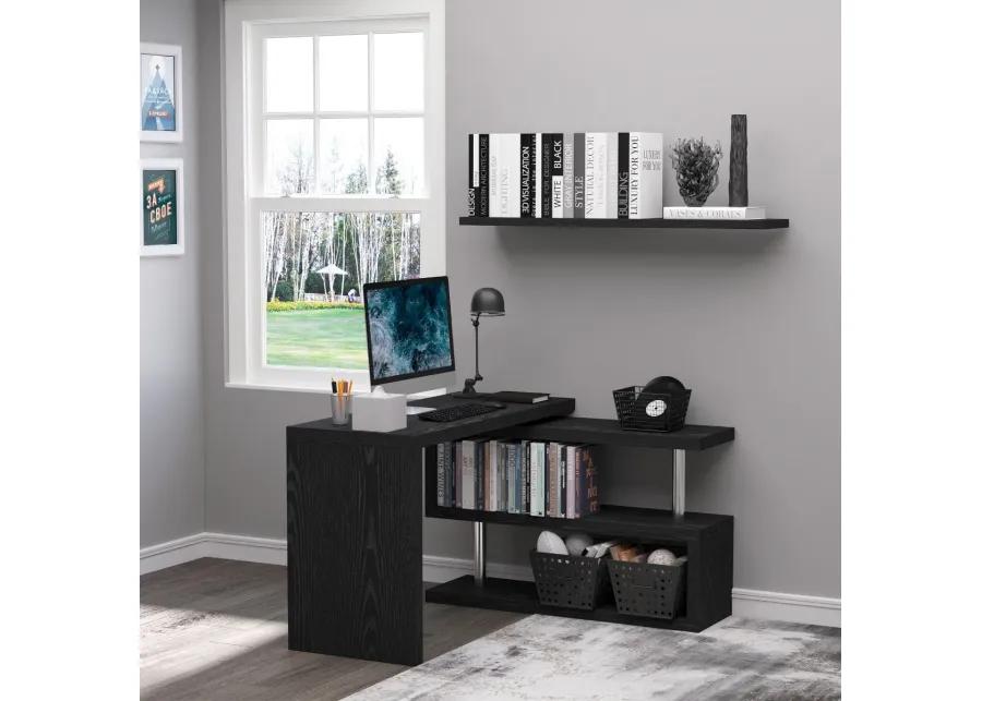 Black Home Office Hub: 360° Rotating L-Shaped Desk with Storage Shelves