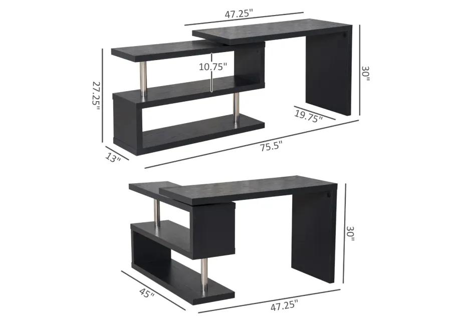 Black Home Office Hub: 360° Rotating L-Shaped Desk with Storage Shelves