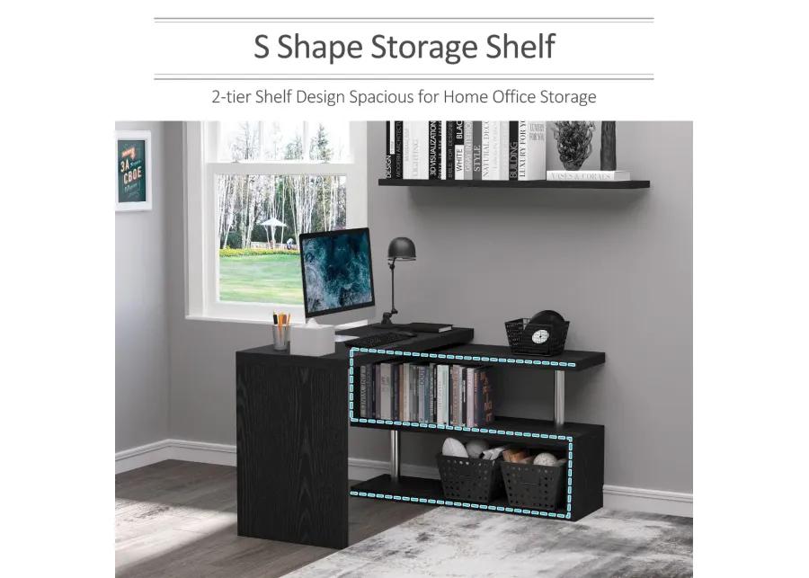 Black Home Office Hub: 360° Rotating L-Shaped Desk with Storage Shelves