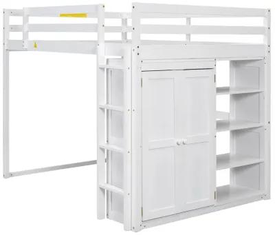 Merax Loft Bed with Wardrobe and Storage Shelves