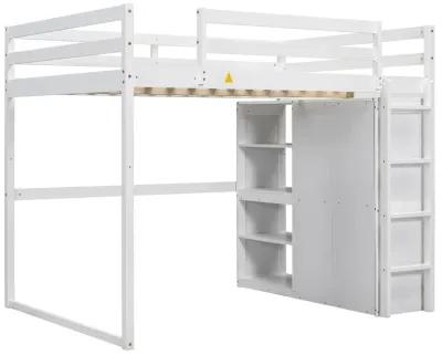 Merax Loft Bed with Wardrobe and Storage Shelves