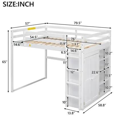 Merax Loft Bed with Wardrobe and Storage Shelves