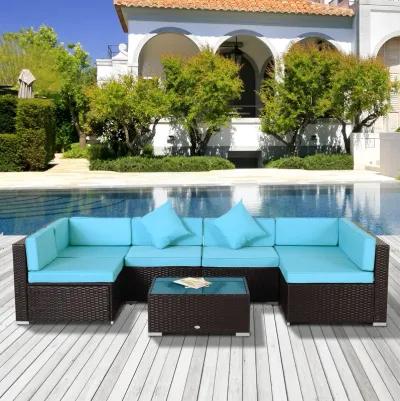 Turquoise Terrace Set: 7-Piece Wicker Patio Set with Glass Table