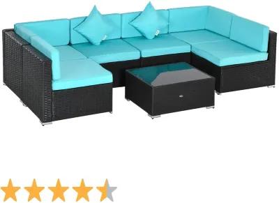 Turquoise Terrace Set: 7-Piece Wicker Patio Set with Glass Table