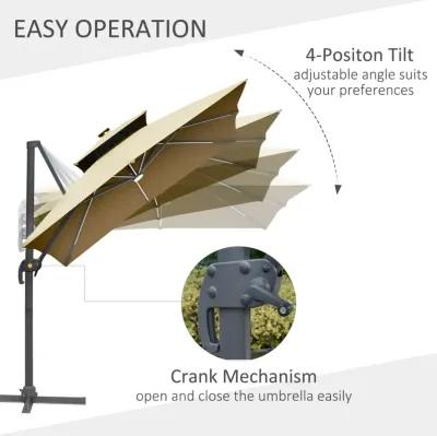 10ft Solar LED Cantilever Umbrella w/ Cross Base Tilt and Crank Khaki