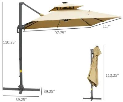 10ft Solar LED Cantilever Umbrella w/ Cross Base Tilt and Crank Khaki