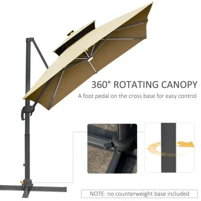 10ft Solar LED Cantilever Umbrella w/ Cross Base Tilt and Crank Khaki