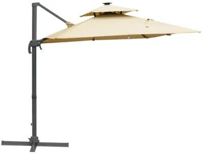 10ft Solar LED Cantilever Umbrella w/ Cross Base Tilt and Crank Khaki