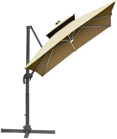 10ft Solar LED Cantilever Umbrella w/ Cross Base Tilt and Crank Khaki