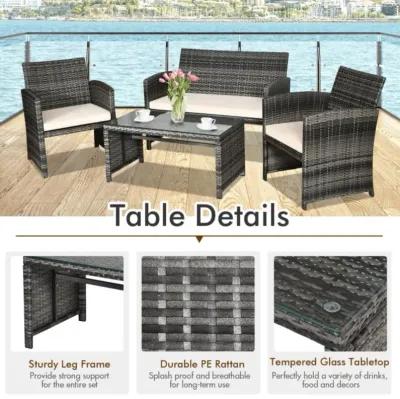 Hivvago 4 Pieces Patio Rattan Furniture Set with Glass Table and Loveseat