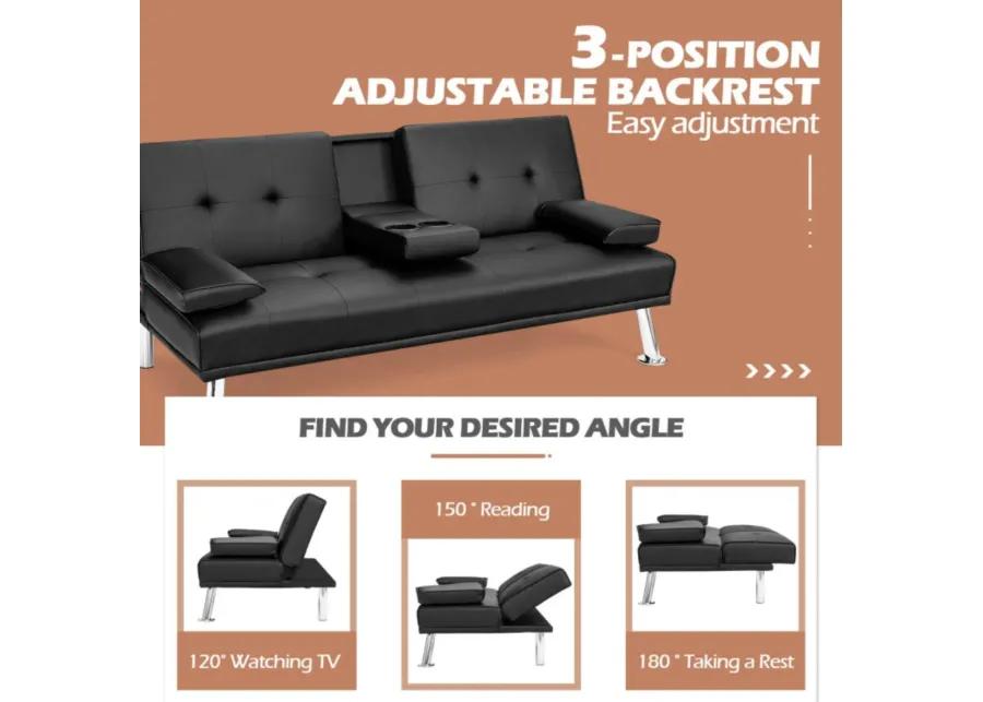 Convertible Folding Leather Futon Sofa with Cup Holders and Armrests