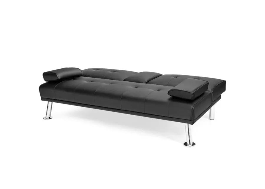 Convertible Folding Leather Futon Sofa with Cup Holders and Armrests