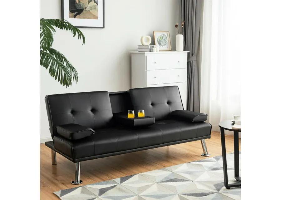 Convertible Folding Leather Futon Sofa with Cup Holders and Armrests