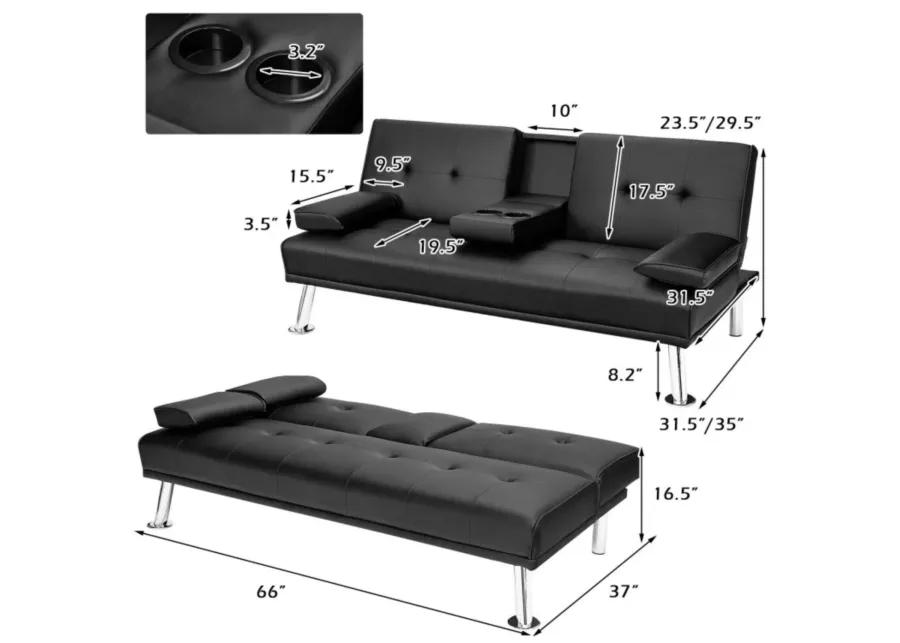 Convertible Folding Leather Futon Sofa with Cup Holders and Armrests