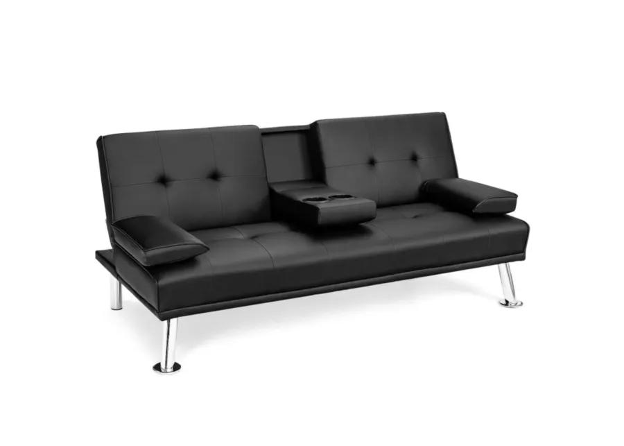 Convertible Folding Leather Futon Sofa with Cup Holders and Armrests