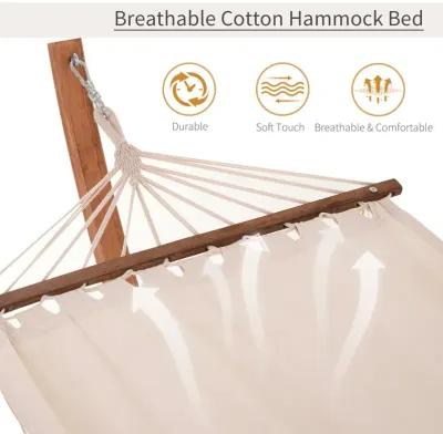 White Boho Bliss: 10' Wood Hammock with Stand for Single Person