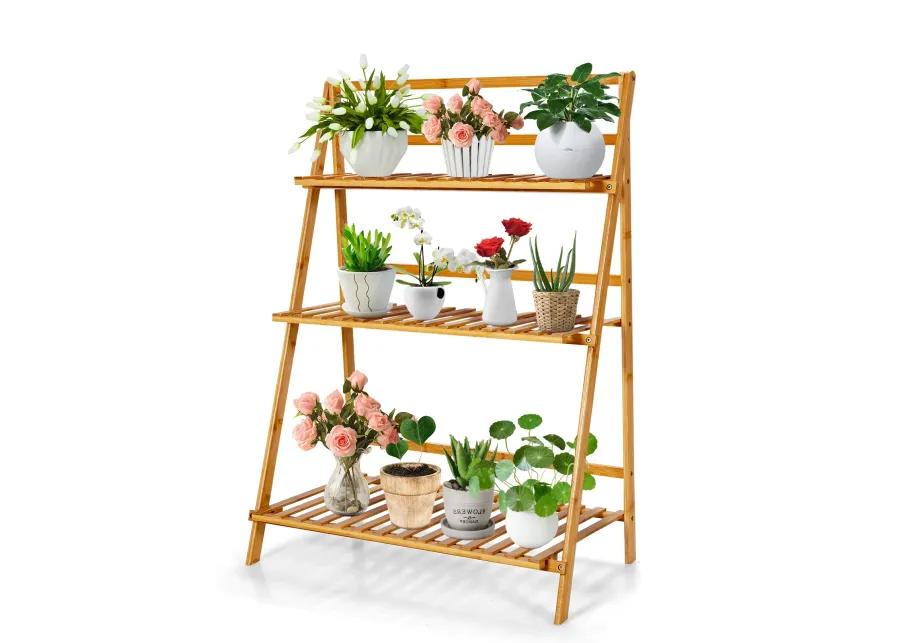 3-Tier Bamboo Foldable Plant Stand with Display Shelf Rack-Natural