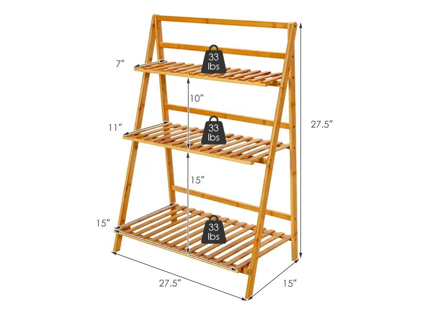 3-Tier Bamboo Foldable Plant Stand with Display Shelf Rack-Natural