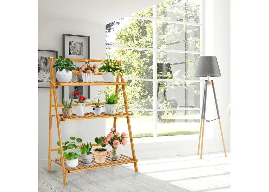 3-Tier Bamboo Foldable Plant Stand with Display Shelf Rack-Natural