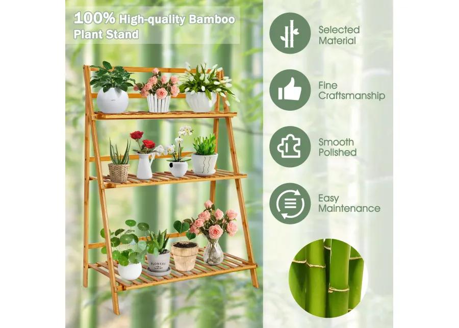 3-Tier Bamboo Foldable Plant Stand with Display Shelf Rack-Natural