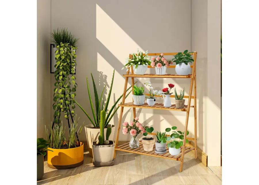 3-Tier Bamboo Foldable Plant Stand with Display Shelf Rack-Natural