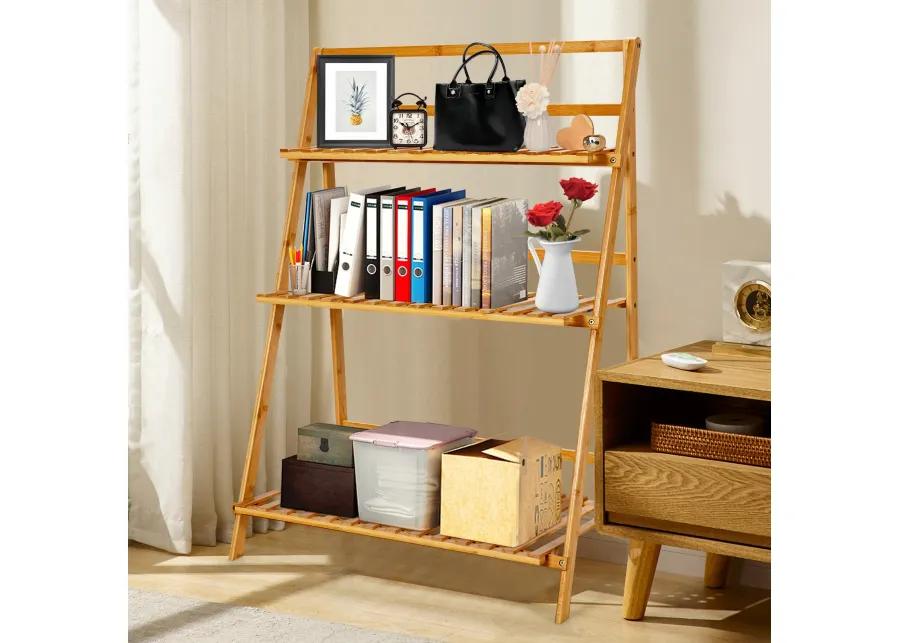 3-Tier Bamboo Foldable Plant Stand with Display Shelf Rack-Natural