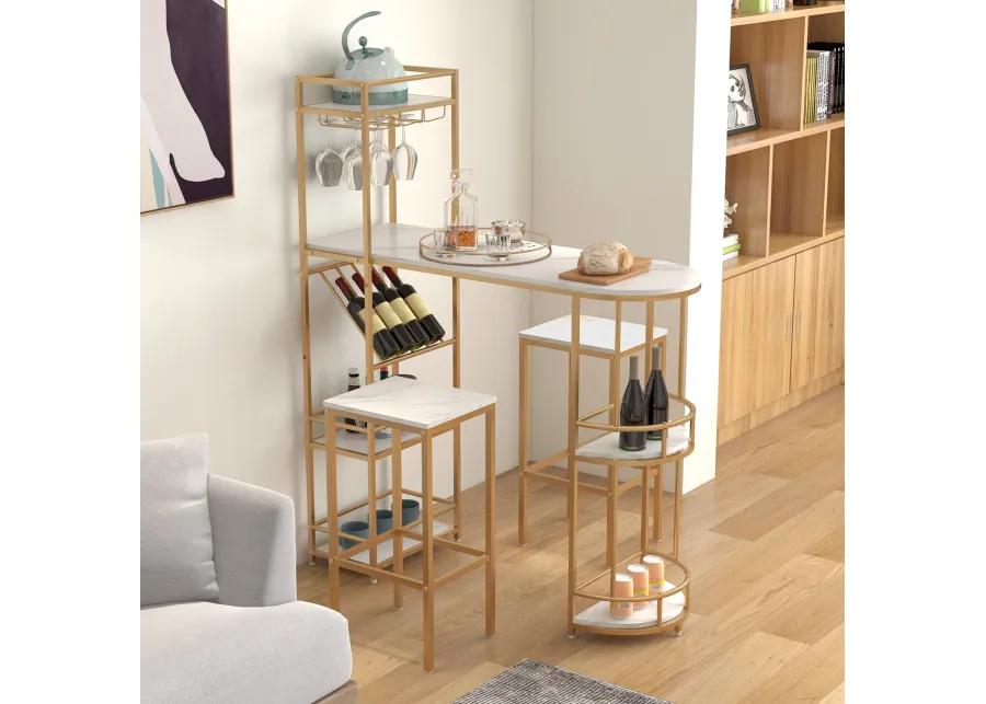 3 Pieces Bar Table Set with Storage Shelves and Wine Rack-Golden