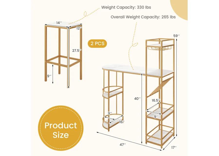 3 Pieces Bar Table Set with Storage Shelves and Wine Rack-Golden