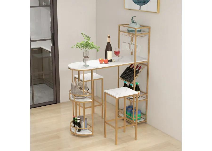 3 Pieces Bar Table Set with Storage Shelves and Wine Rack-Golden