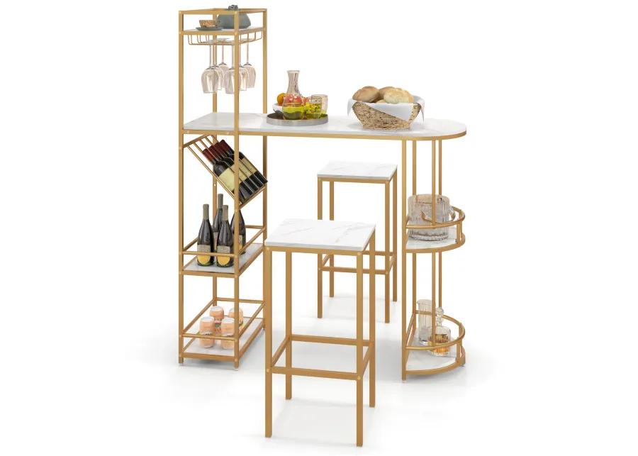 3 Pieces Bar Table Set with Storage Shelves and Wine Rack-Golden