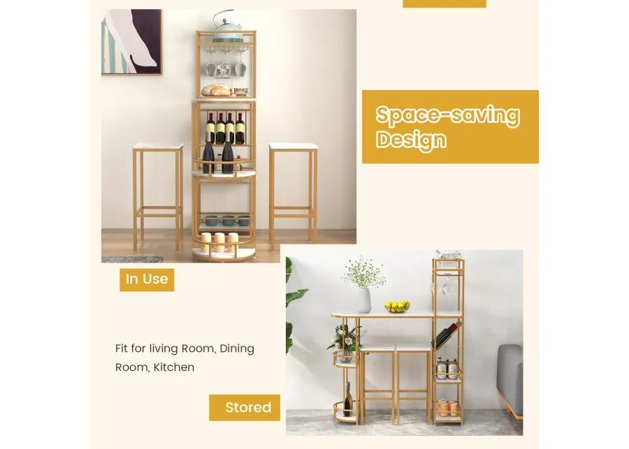 3 Pieces Bar Table Set with Storage Shelves and Wine Rack-Golden