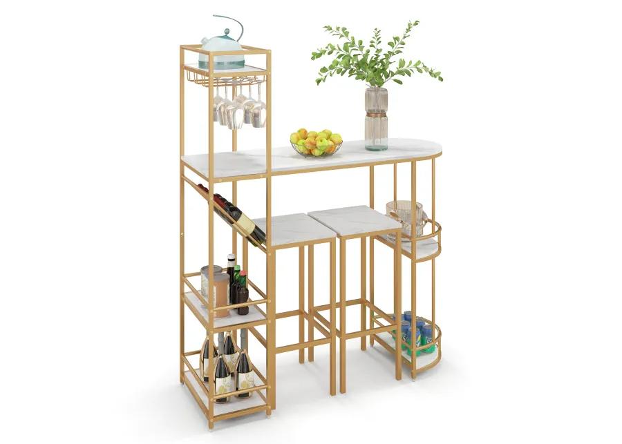 3 Pieces Bar Table Set with Storage Shelves and Wine Rack-Golden