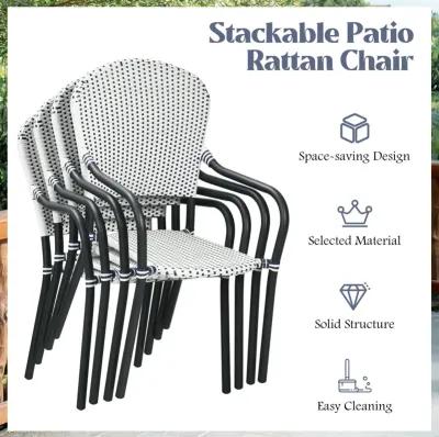 Set of 4 Patio Rattan Stackable Dining Chair with  Armrest for Garden-White