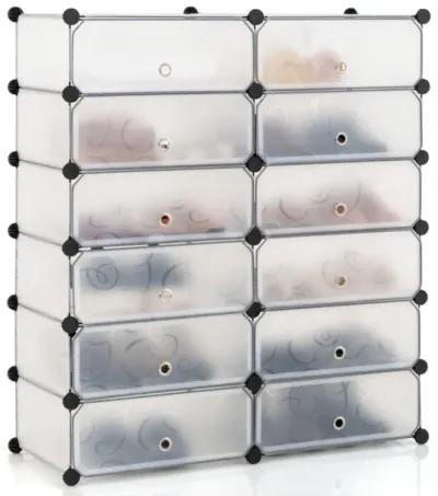 12-Cube DIY Portable Plastic Shoe Rack with Transparent Doors