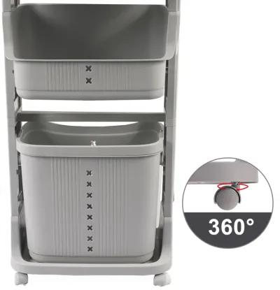 Laundry Basket Plastic Hamper 2-Tier Storage Sorter Hampers with Wheels for Kitchen Bedroom Bathroom Free Standing Storage Baskets Grey