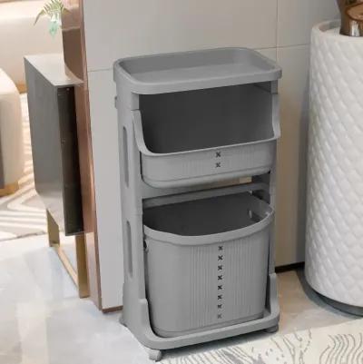 Laundry Basket Plastic Hamper 2-Tier Storage Sorter Hampers with Wheels for Kitchen Bedroom Bathroom Free Standing Storage Baskets Grey