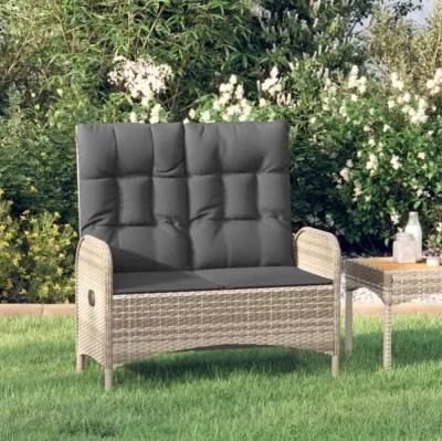 vidaXL Modern Gray Patio Reclining Bench - Poly Rattan Outdoor Seating with Cushions for Garden and Terrace