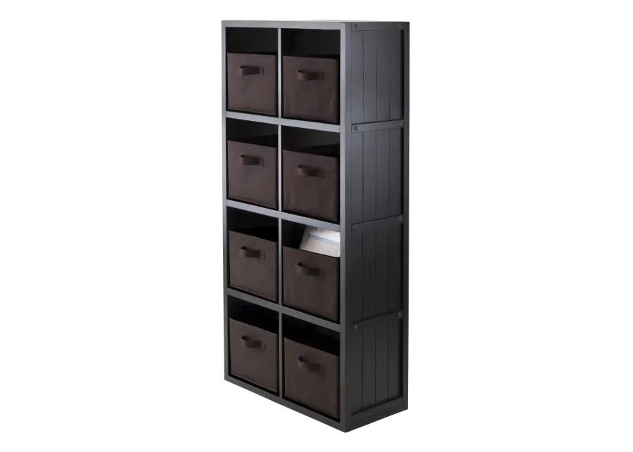 Timothy 9-Pc 4x2 Storage Shelf with 8 Foldable Fabric Baskets, Black and Chocolate