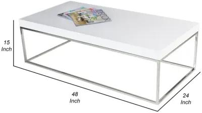 Zen 48 Inch Coffee Table, Rectangular White Lacquer Top, Chrome Steel Frame - Benzara