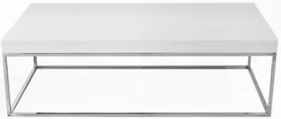 Zen 48 Inch Coffee Table, Rectangular White Lacquer Top, Chrome Steel Frame - Benzara