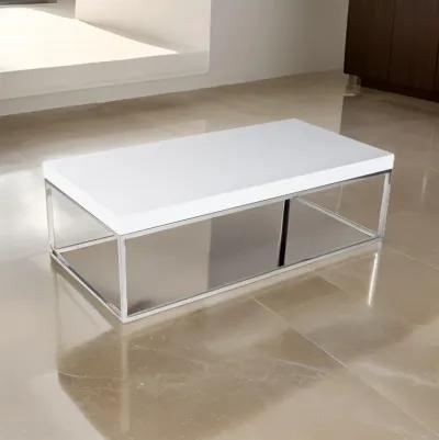 Zen 48 Inch Coffee Table, Rectangular White Lacquer Top, Chrome Steel Frame - Benzara