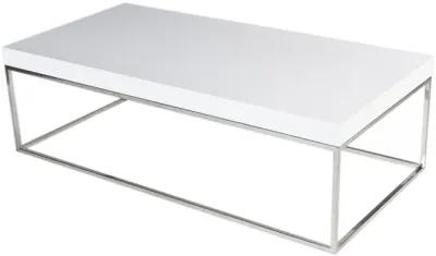 Zen 48 Inch Coffee Table, Rectangular White Lacquer Top, Chrome Steel Frame - Benzara